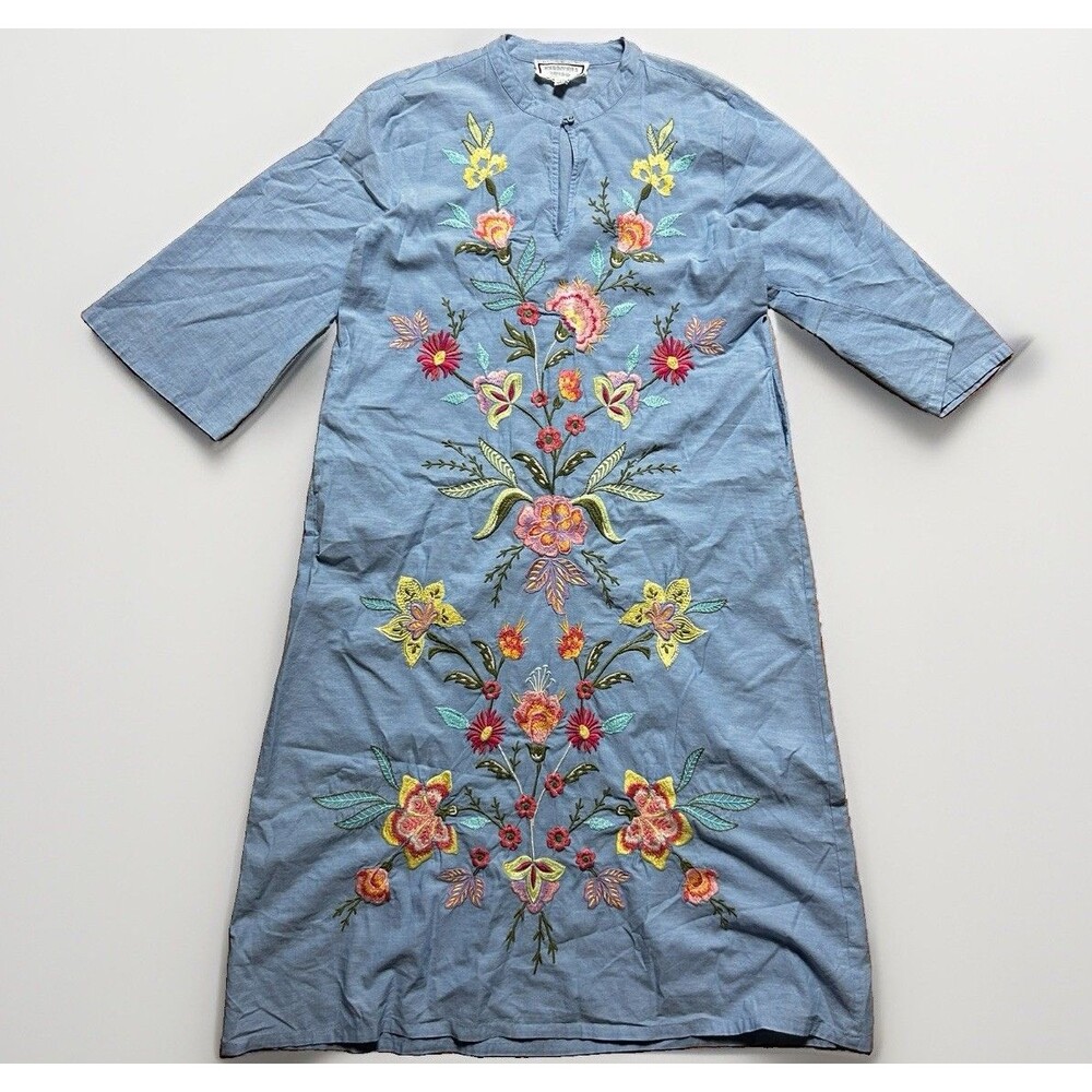 Johnny Was Workshop Camellia Mandarin Collar Midi Dress Boho Chic Tunic Small